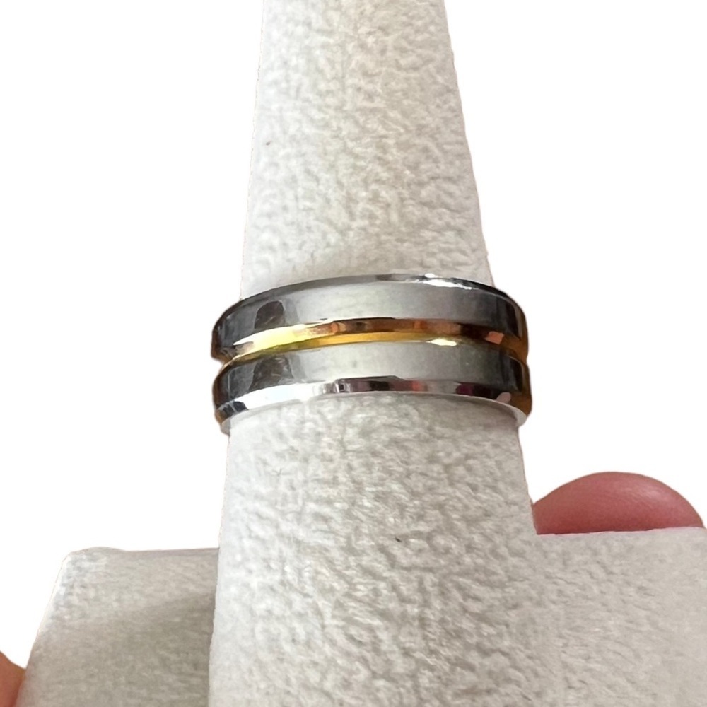 Silver Stainless Steel & Gold Tone Groove Wide Band Cigar Ring